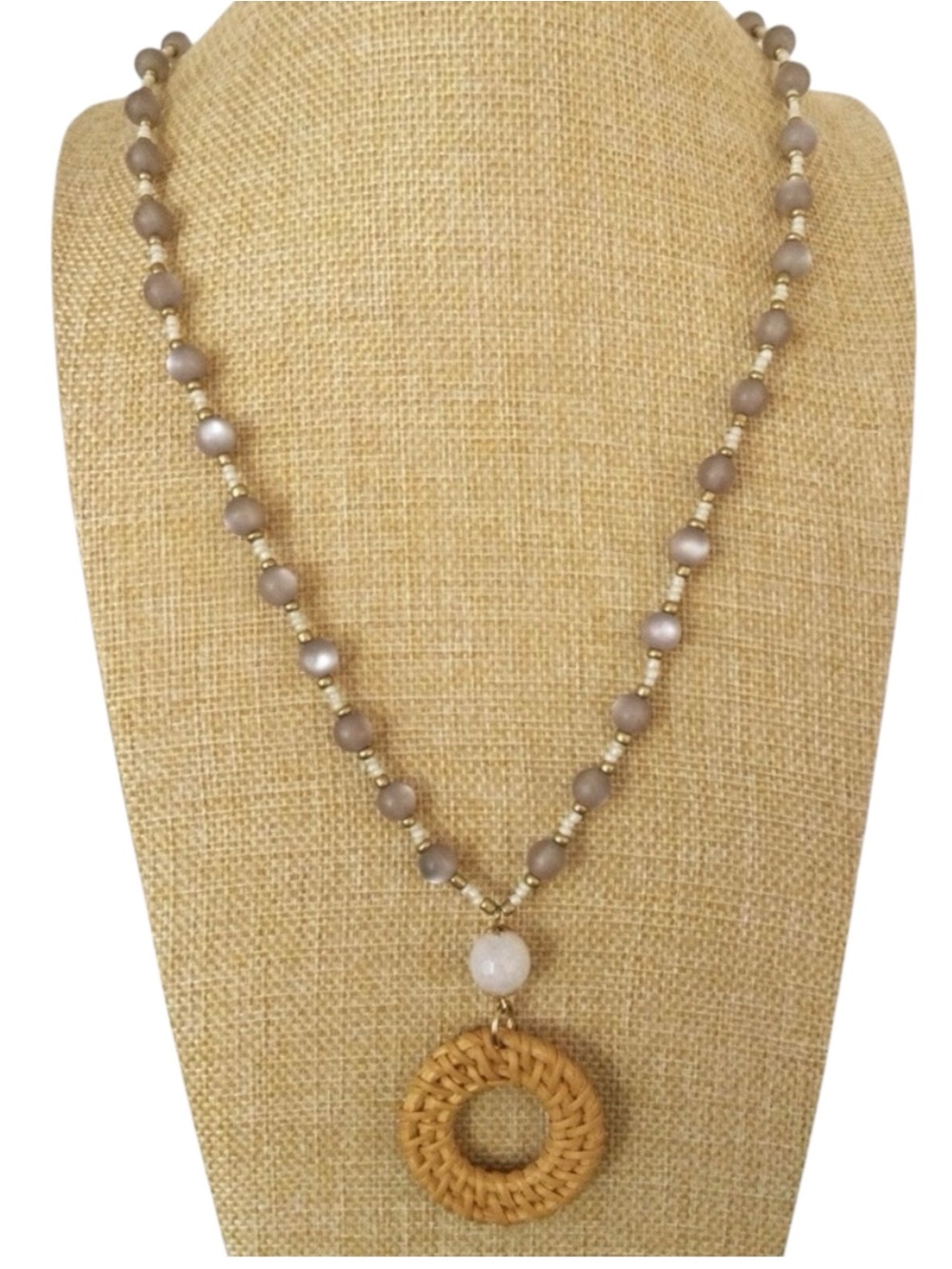 CHARMING CHARLIE Boho Moonglow Lucite, White Quartz & Rattan Pendant Necklace - Picture 7 of 10